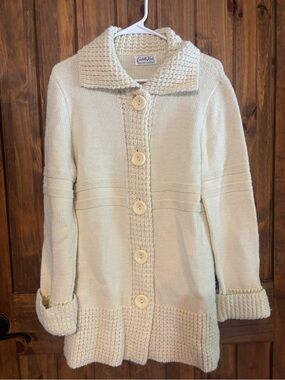 Vintage 70s Cuddle Knit Cream Cable Cardigan Sweater Coat Oversized Button S